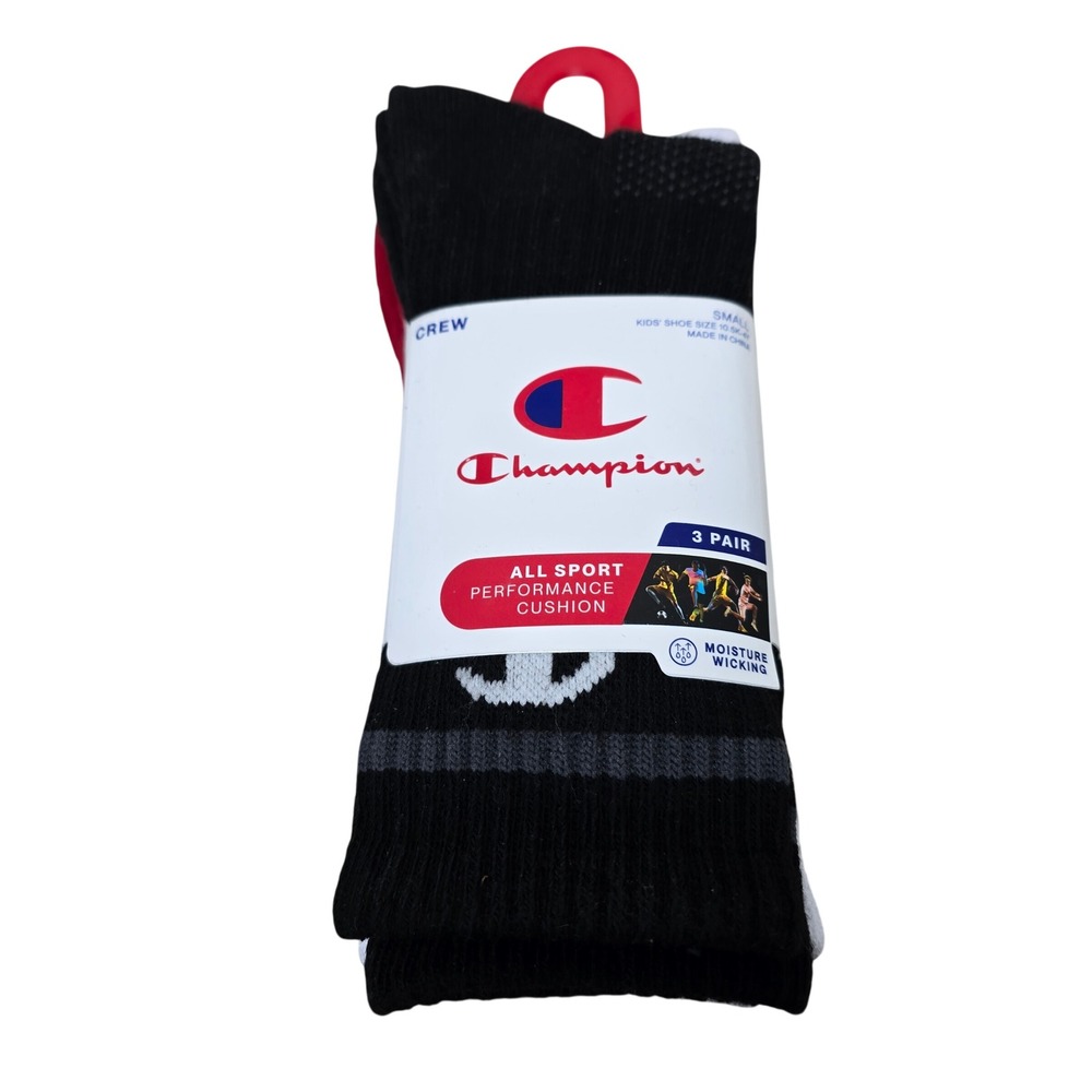 Champion Crew Socks Kids Small Black Red White 3 Pair Performance 10.5K-4Y New